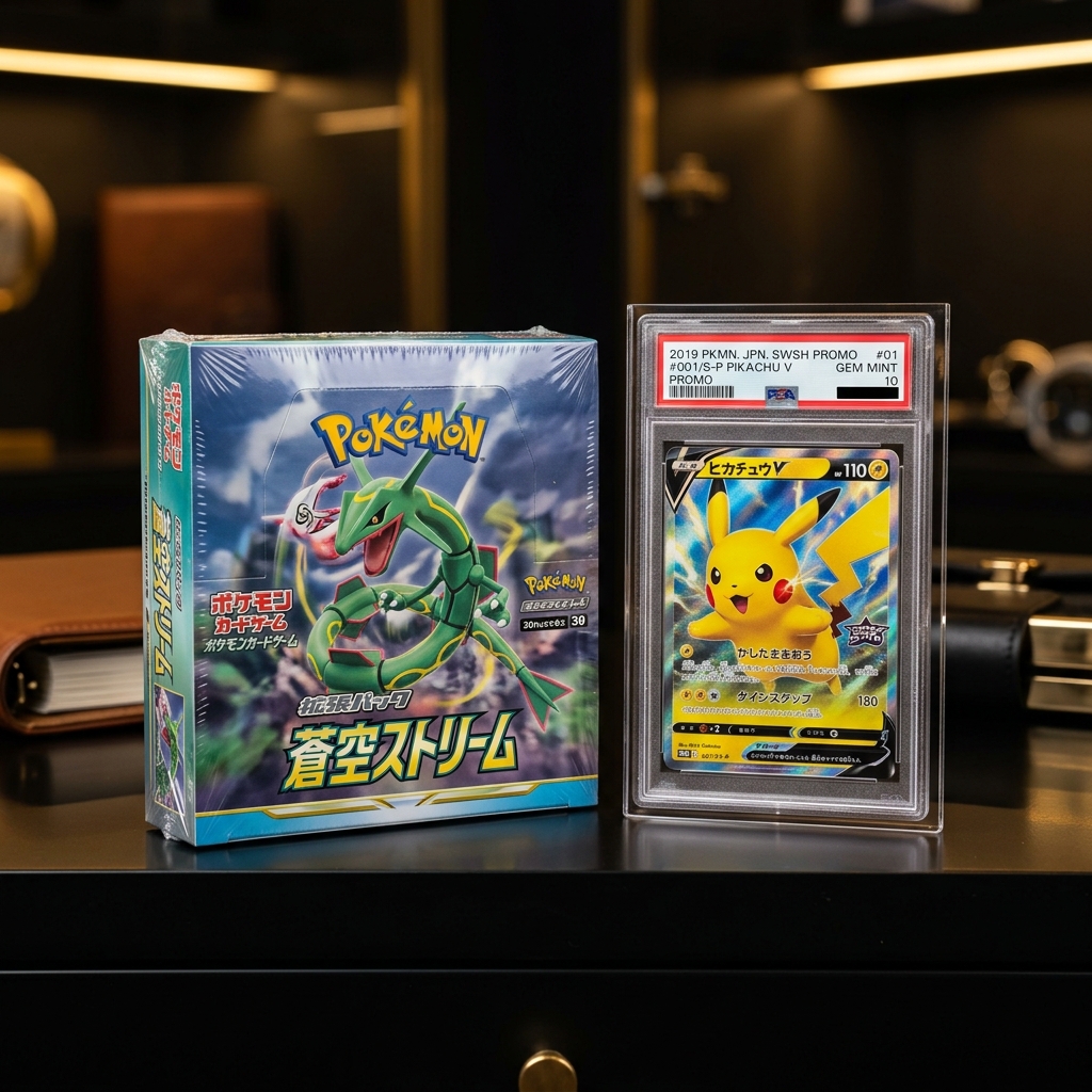 Sealed Japanese Pokémon booster box alongside a PSA 10 graded card
