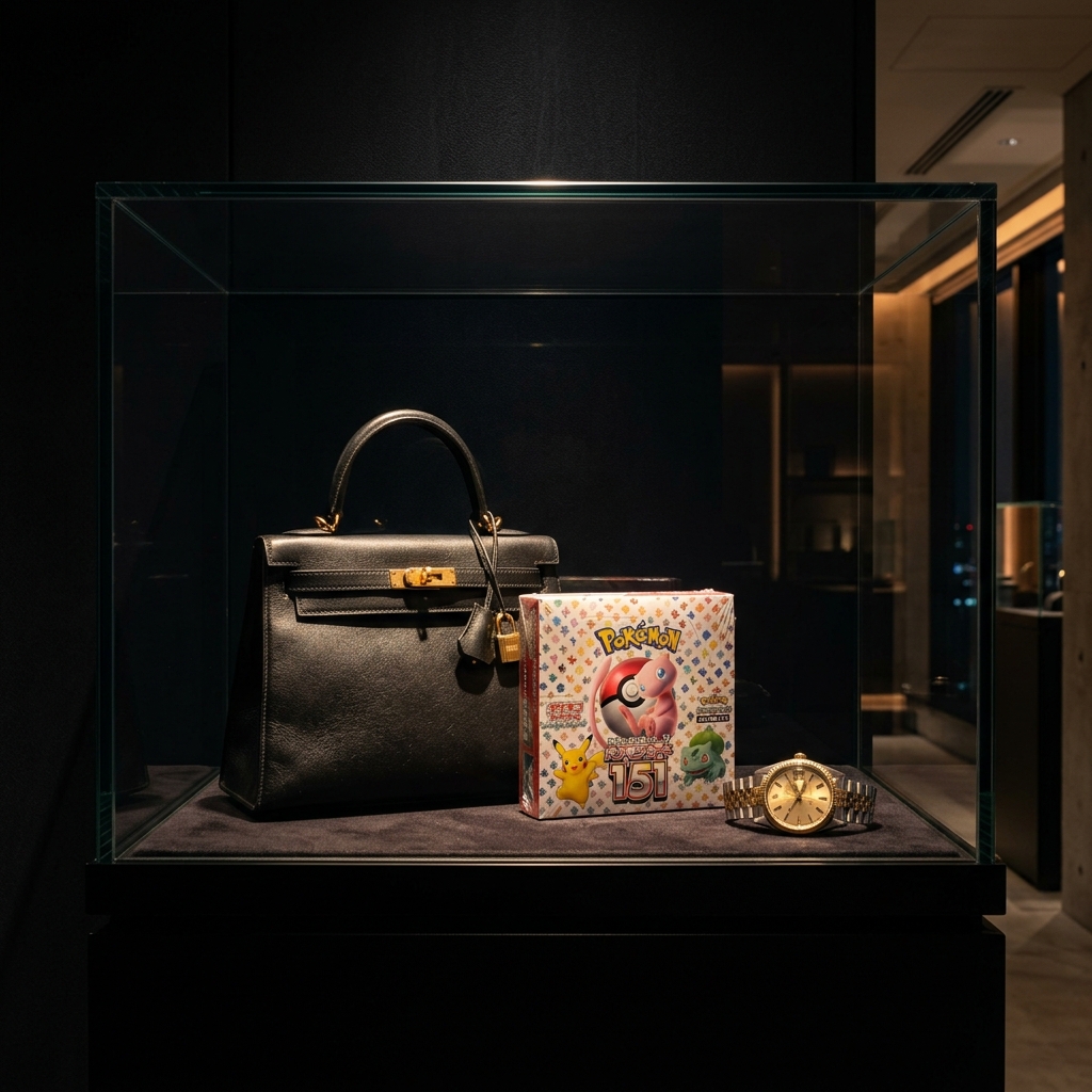 Authenticated vintage luxury handbag, sealed Japanese TCG booster box, and classic timepiece displayed inside a glass vault in Tokyo